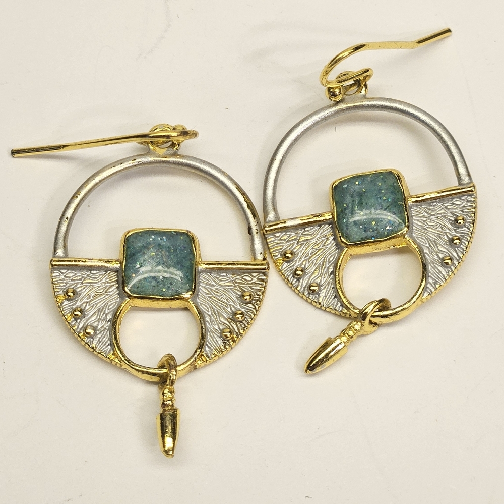 Green Enameled Gold and Silver Tone Earrings